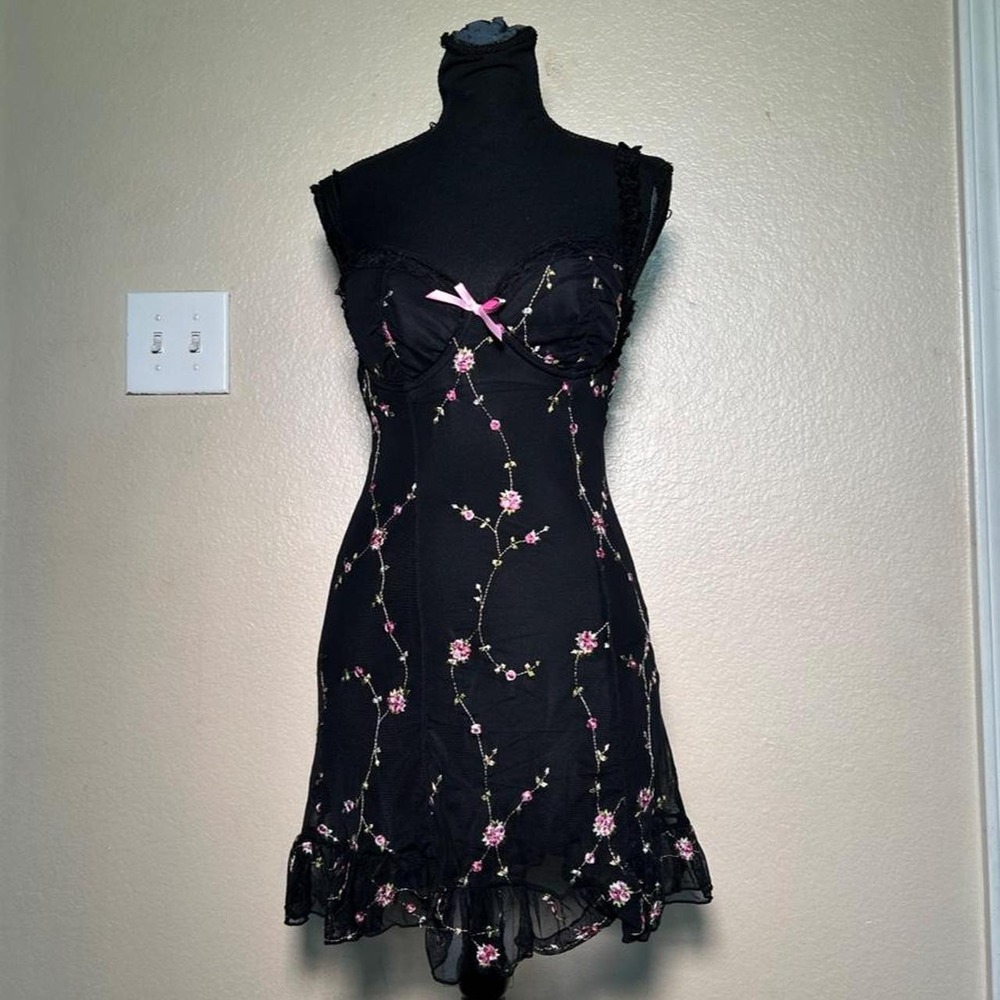 Sugar Thrillz Y2K Slip Floral Embroidered Mesh Ruffle Dress Black Pink Large - Picture 2 of 8